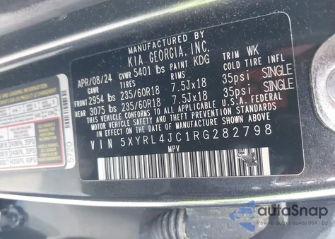 2024 Kia Sorento S из США, поврежденный, VIN 5XYRL4JC1RG282798